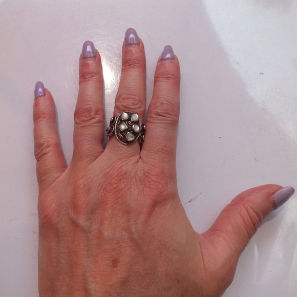 Sterling Silver Moonstone Cluster Statement Ring, Size 7, Unique Split Band - Picture 7 of 9